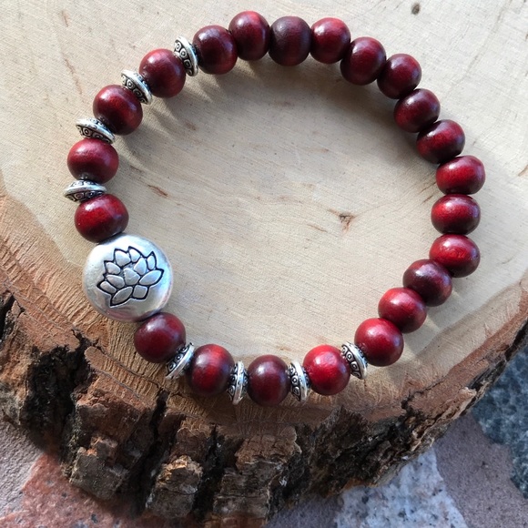 🔴SALE !Red wood boho silver lotus flower bracelet - Picture 3 of 8